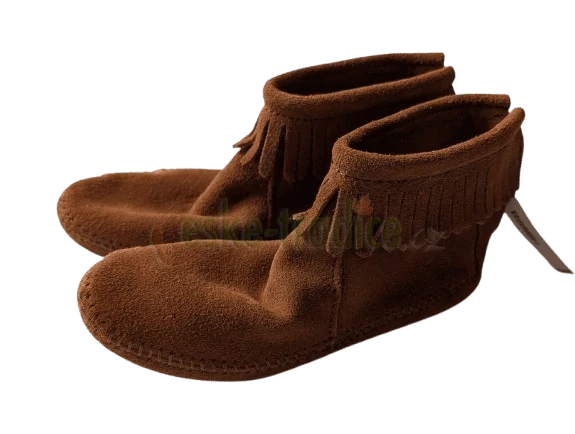 Indiánské mokasíny kotníčkové, hnědé, vel.6/23cm, zn. Minnetonka (použité)