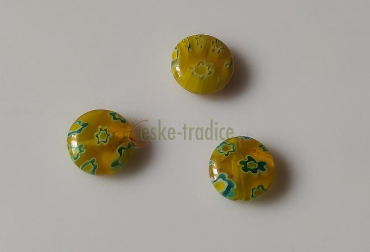 Korálky Millefiori, zeleno-žlutá, placička 10mm/3ks - DOPRODEJ!!!