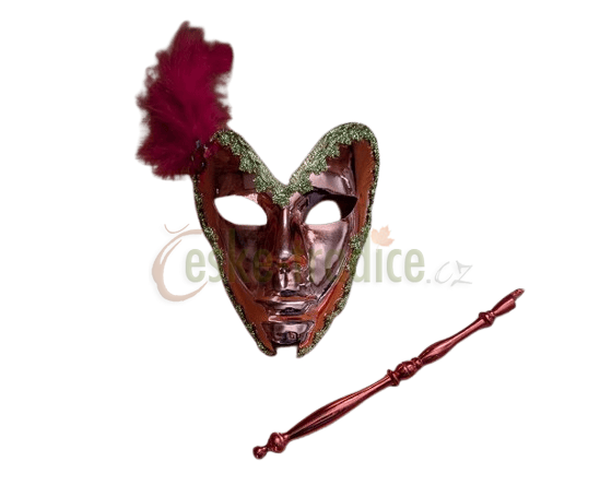 Benátská maska s tyčkou a pérem, plastová ORANŽ - DOPRODEJ!