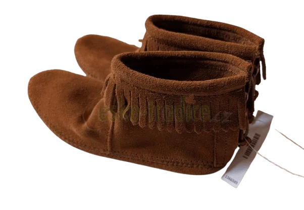 Indiánské mokasíny kotníčkové, hnědé, vel.6/23cm, zn. Minnetonka (použité)