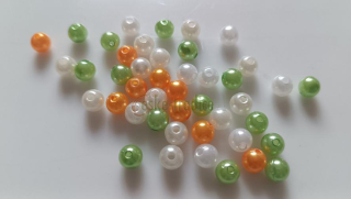 Korálky kulaté 8 mm (mix bílá/oranž/zelená), 10g/cca 40 ks