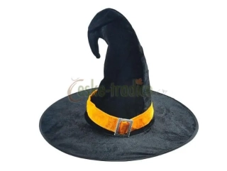 Čarodějnický klobouk samet s oranž páskem, 44cm