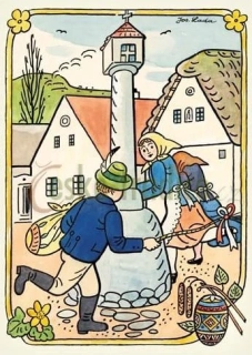 Pohlednice Josef Lada (velikonoční) 1938, Pomlázka (kraslice/sloup)
